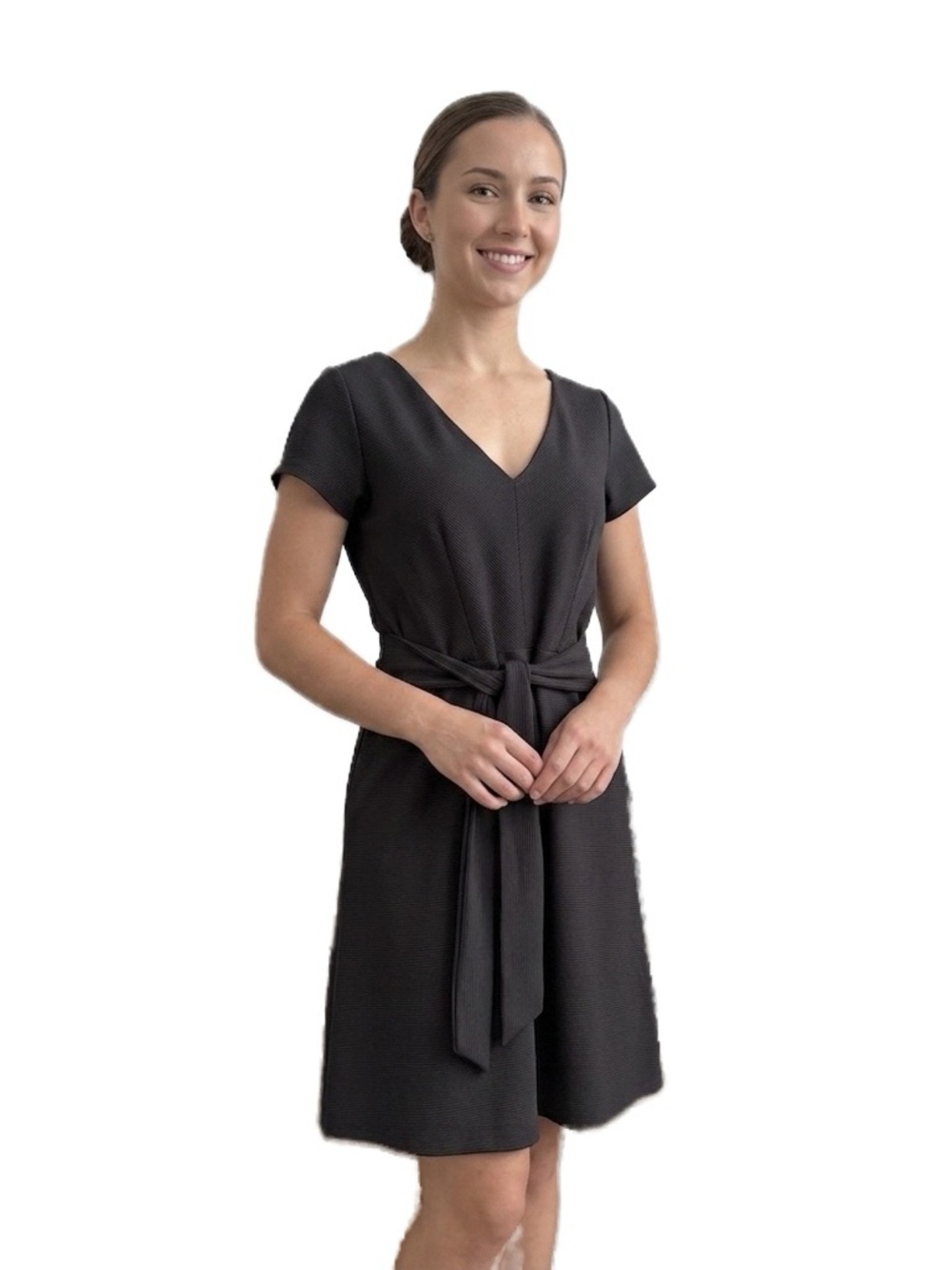 Loft Black Gray Fit & Flare V-neck Self Tie Dress NWT